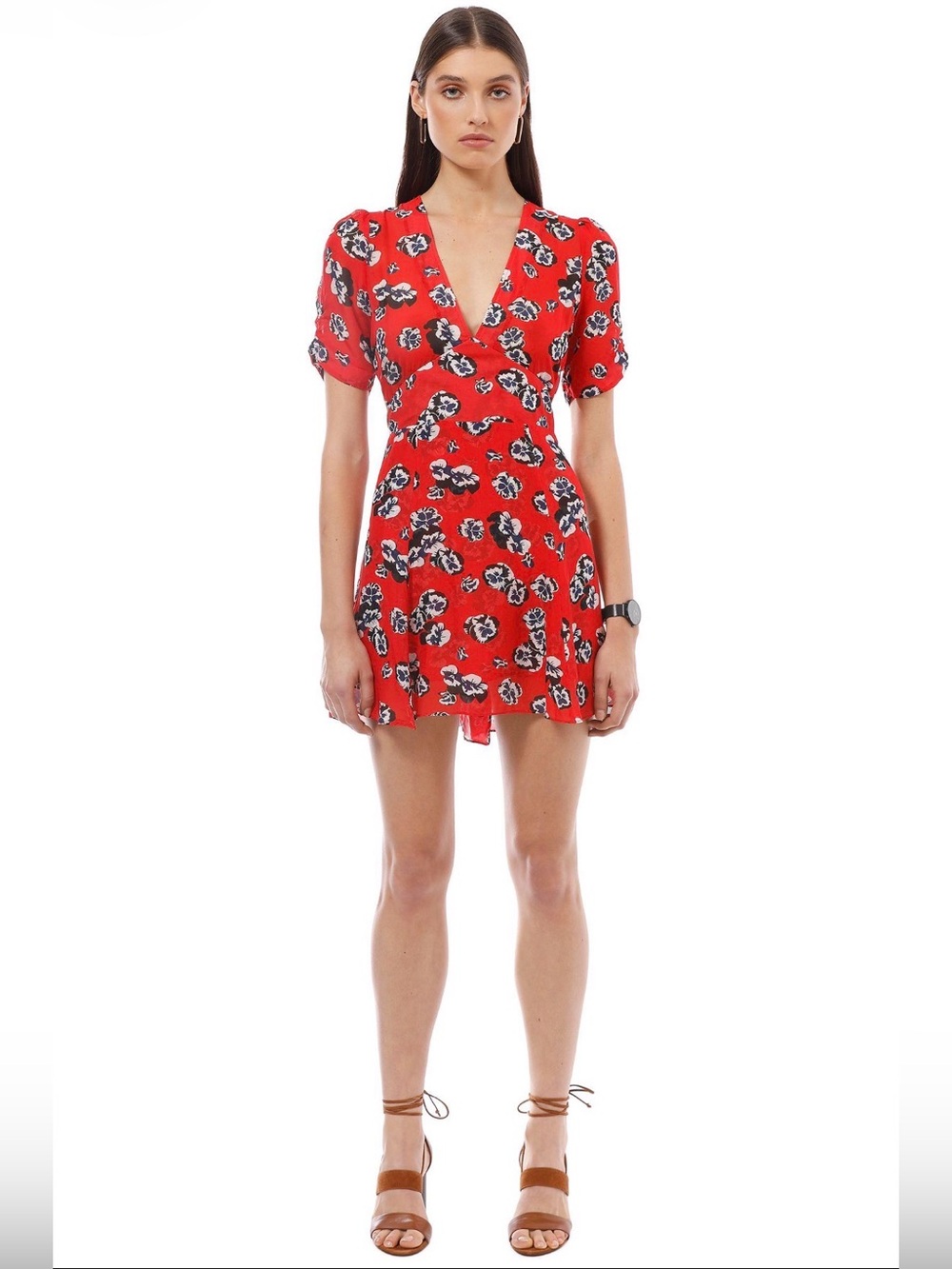 Realisation Par The Ozzie Pansy Dress XS Red Floral 100% Silk Mini V-Neck